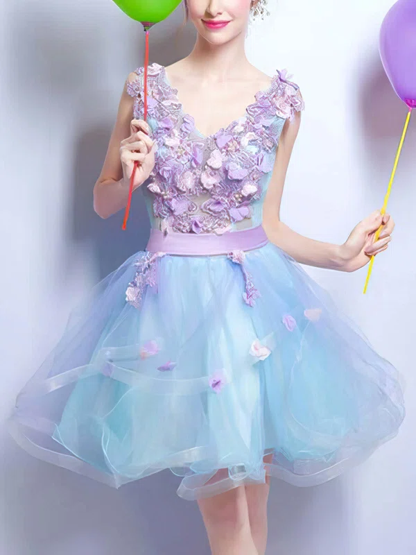 A-line V-neck Organza Short/Mini Homecoming Dresses With Flower(s) #Milly020110095