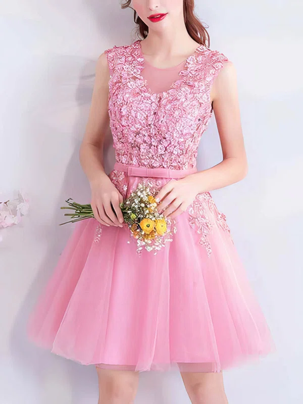 A-line Scoop Neck Lace Tulle Short/Mini Homecoming Dresses With Appliques Lace #Milly020110096