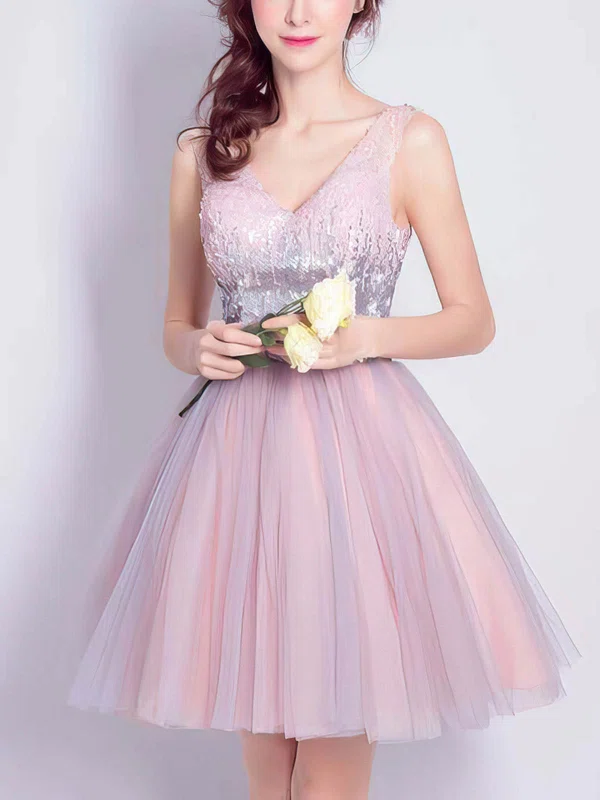 A-line V-neck Tulle Sequined Short/Mini Homecoming Dresses #Milly020110097