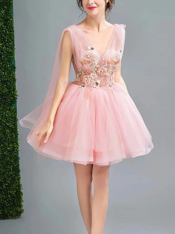 Ball Gown V-neck Tulle Short/Mini Homecoming Dresses With Flower(s) #Milly020110102