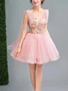 A-line V-neck Lace Tulle Short/Mini Homecoming Dresses With Flower(s) #Milly020110102