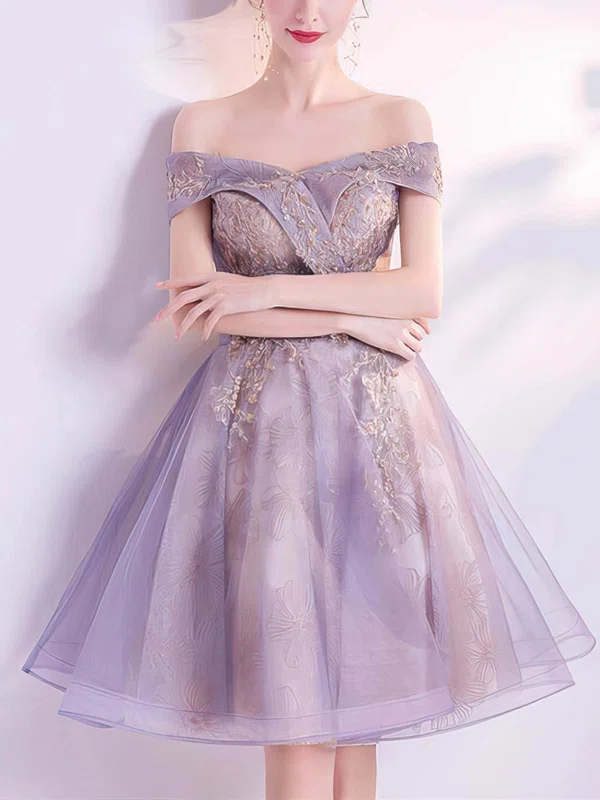 A-line Off-the-shoulder Tulle Knee-length Homecoming Dresses With Appliques Lace #Milly020110104