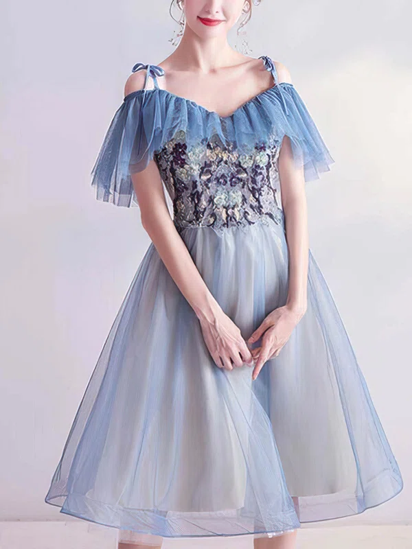 A-line V-neck Organza Tea-length Homecoming Dresses With Appliques Lace #Milly020110106