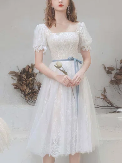 A-line Square Neckline Lace Tulle Tea-length Homecoming Dresses With Sashes / Ribbons #Milly020110110