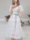 A-line Square Neckline Lace Tulle Tea-length Homecoming Dresses With Sashes / Ribbons #Milly020110110
