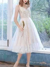 A-line V-neck Lace Tulle Tea-length Homecoming Dresses With Bow #Milly020110111