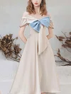 A-line Off-the-shoulder Silk-like Satin Tea-length Homecoming Dresses With Bow #Milly020110114