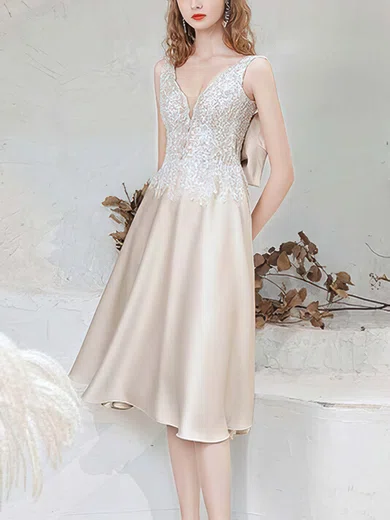 A-line V-neck Silk-like Satin Tea-length Homecoming Dresses With Beading #Milly020110115