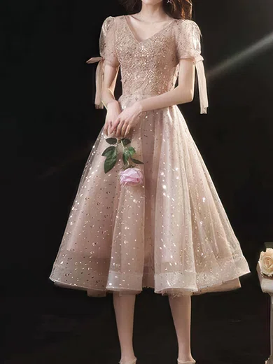 A-line V-neck Glitter Tea-length Homecoming Dresses With Beading #Milly020110116