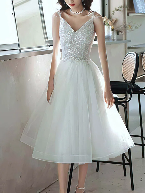A-line V-neck Tulle Tea-length Homecoming Dresses With Appliques Lace #Milly020110125