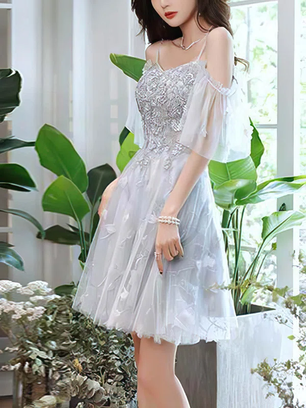 A-line V-neck Tulle Short/Mini Homecoming Dresses With Appliques Lace #Milly020110127
