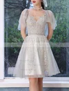 A-line V-neck Tulle Sequined Short/Mini Homecoming Dresses #Milly020110128