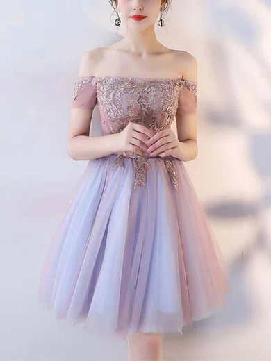 A-line Off-the-shoulder Tulle Knee-length Homecoming Dresses With Appliques Lace #Milly020110130