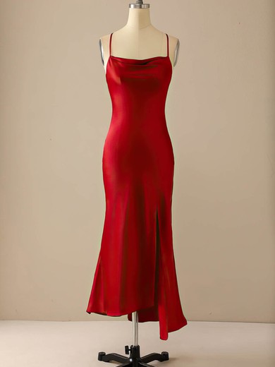 Sheath/Column Cowl Neck Silk-like Satin Tea-length Homecoming Dresses With Split Front #Milly020110174