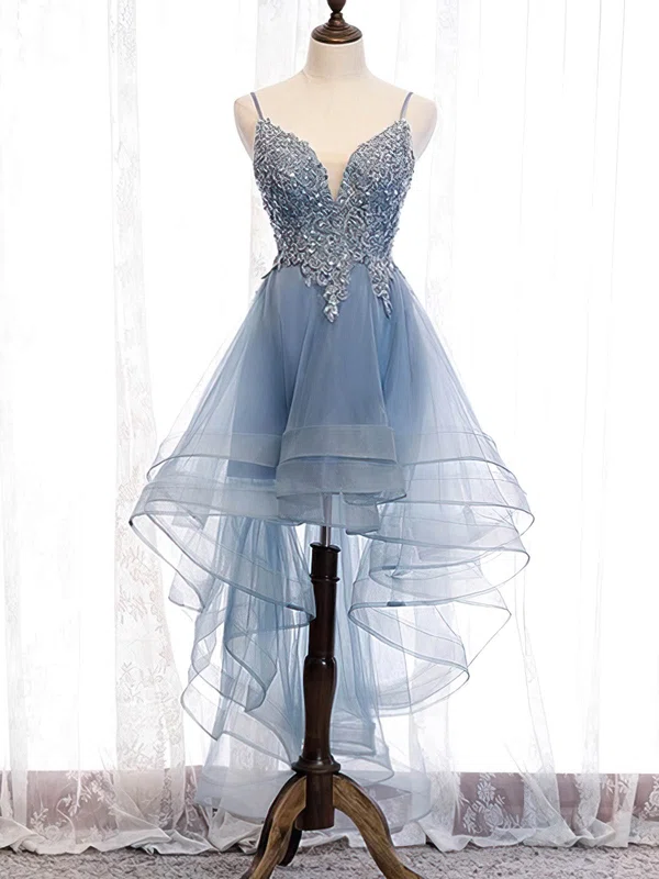 A-line V-neck Tulle Asymmetrical Homecoming Dresses With Appliques Lace #Milly020110175