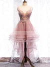 A-line V-neck Lace Tulle Asymmetrical Homecoming Dresses With Appliques Lace #Milly020110175
