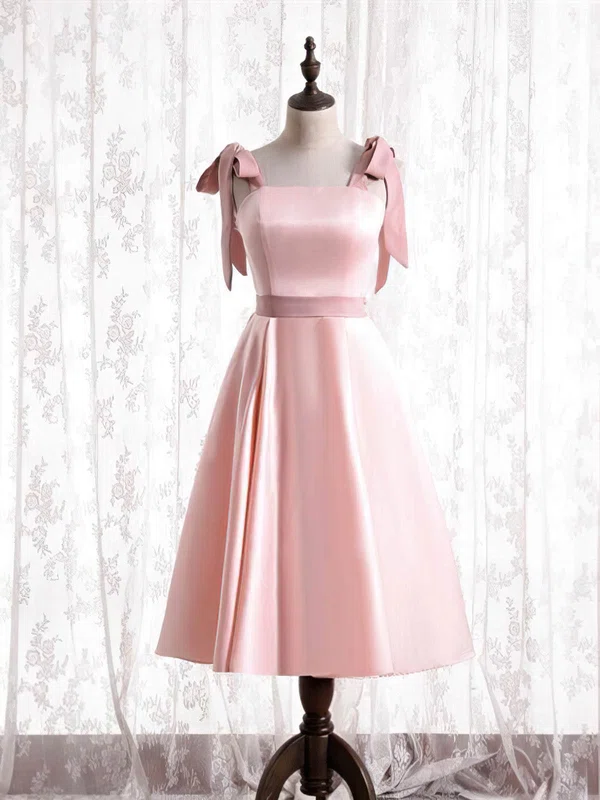 A-line Square Neckline Satin Tea-length Homecoming Dresses With Sashes / Ribbons #Milly020110177