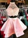 A-line High Neck Satin Short/Mini Homecoming Dresses With Lace #Milly020110412
