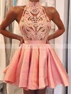 A-line High Neck Satin Asymmetrical Homecoming Dresses With Lace #Milly020110418