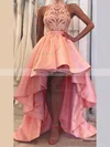 A-line High Neck Satin Asymmetrical Homecoming Dresses With Lace #Milly020110418