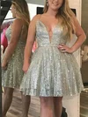 A-line V-neck Glitter Knee-length Homecoming Dresses With Beading #Milly020110516