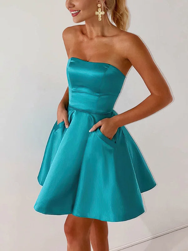 A-line Strapless Silk-like Satin Short/Mini Homecoming Dresses With Pockets #Milly020110520