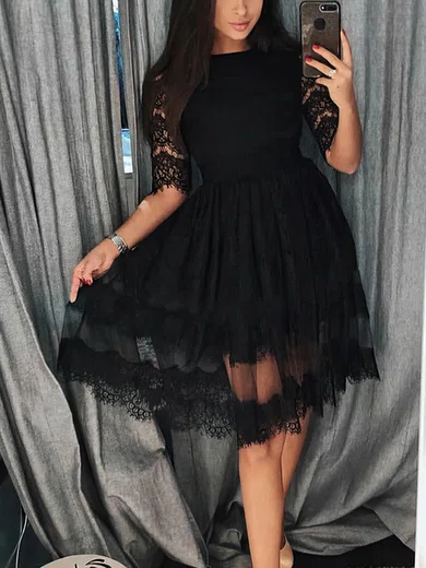 Black Long Sleeve Lace Knee Length Homecoming Dresses millybridal