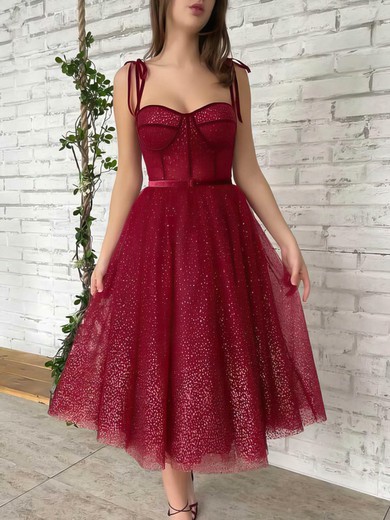 A-line Sweetheart Glitter Tea-length Homecoming Dresses With Sashes / Ribbons #Milly020110545