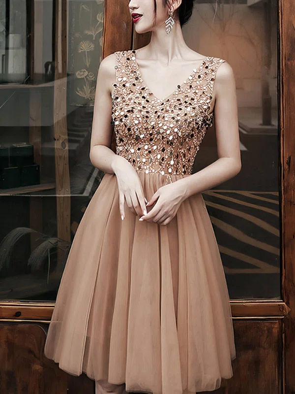 A-line V-neck Tulle Tea-length Homecoming Dresses With Beading #Milly020110461