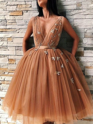 Ball Gown V-neck Tulle Tea-length Homecoming Dresses With Pockets #Milly020110464