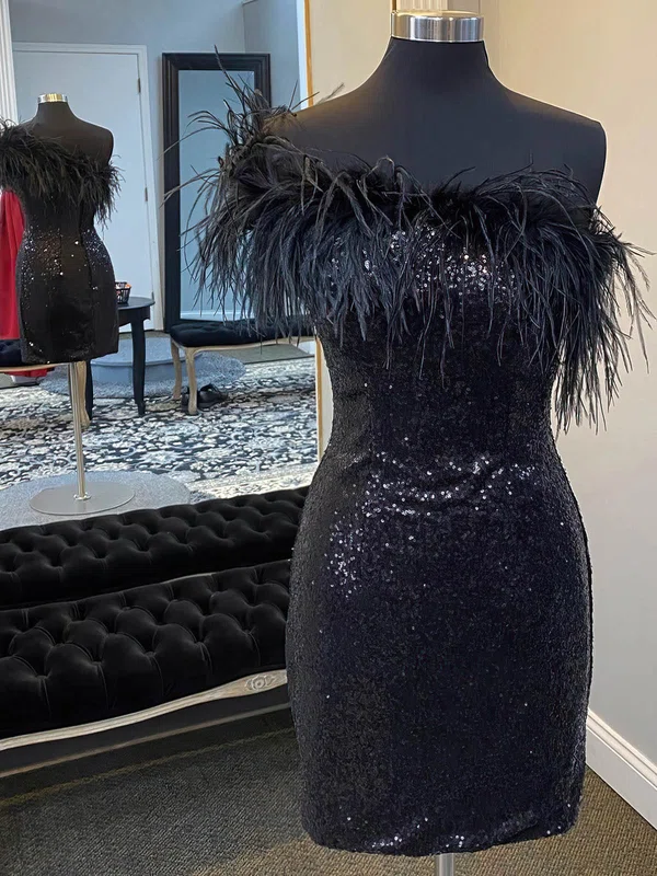 Black One Shoulder Sequin Fuzzy Trim Bodycon Mini Dress #Milly020110278