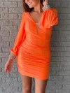 Orange Deep V Neck Satin Long Sleeves Bodycon Mini Dress #Milly020110285