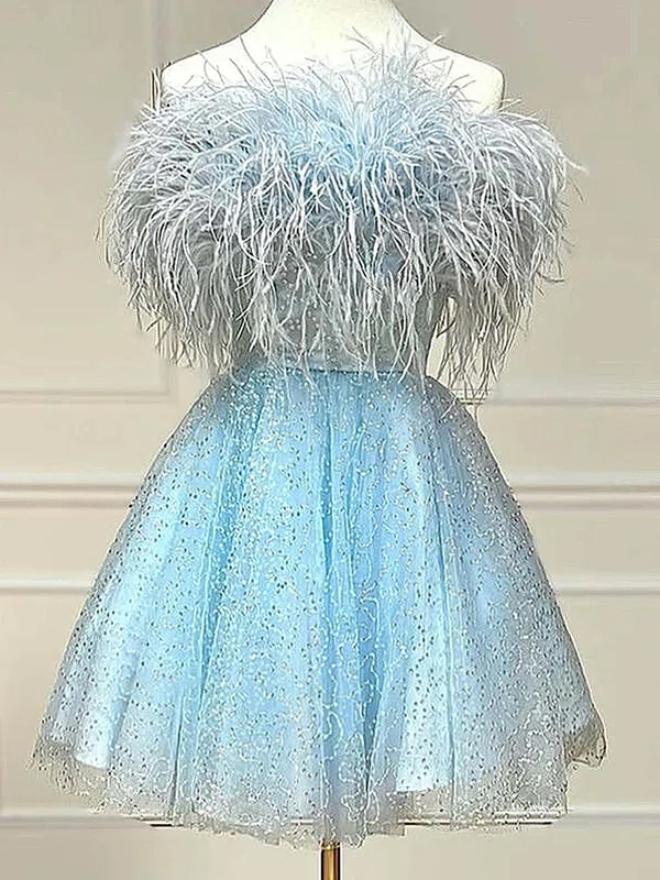 A-line Strapless Sequined Short/Mini Homecoming Dresses With Feathers / Fur #Milly020110303