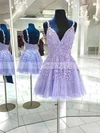 A-line V-neck Lace Tulle Short/Mini Homecoming Dresses With Appliques Lace #Milly020110182