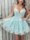 A-line V-neck Lace Tulle Short/Mini Homecoming Dresses With Appliques Lace #Milly020110217