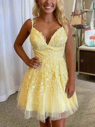 A-line V-neck Tulle Homecoming Dresses With Appliques Lace #Milly020110588