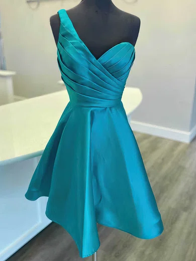 A-line One Shoulder Satin Short/Mini Homecoming Dresses With Ruffles #Milly020110632
