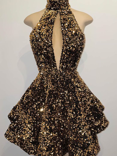 A-line High Neck Velvet Sequins Short/Mini Homecoming Dresses With Tiered #Milly020110760