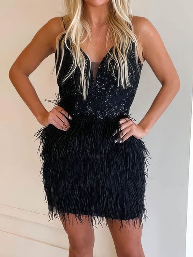 Sparkly Black Bodycon V-neck Feathers Homecoming Dresses #Milly020110783