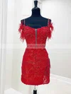 Sheath/Column Off-the-shoulder Lace Short/Mini Homecoming Dresses With Feathers / Fur #Milly020110811