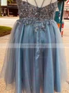 A-line V-neck Lace Tulle Short/Mini Homecoming Dresses With Beading #Milly020110874