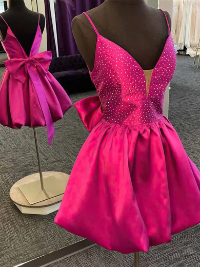 A-line V-neck Silk-like Satin Short/Mini Homecoming Dresses With Beading #Milly020110897