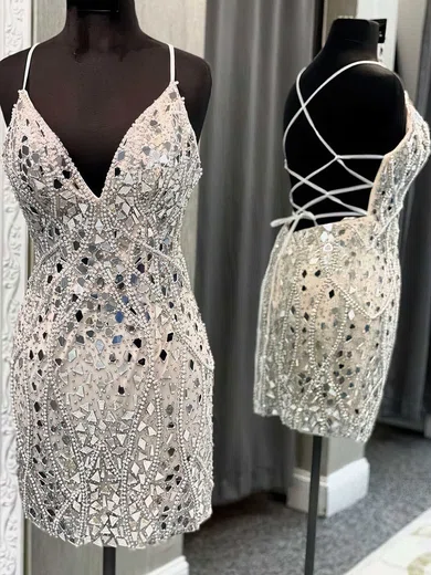 V-neck Satin Bodycon Homecoming Dresses With Beading #Milly020110934