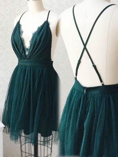 A-line V-neck Tulle Short/Mini Homecoming Dresses With Lace #Milly020110941