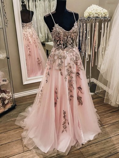 Ball Gown V-neck Tulle Floor-length Flower(s) Prom Dresses #Milly020109629