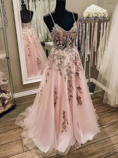 Ball Gown V-neck Tulle Prom Dresses With Appliques #Milly020109629