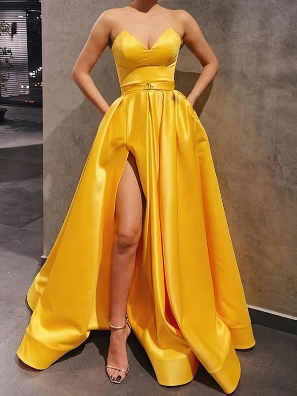 A-line V-neck Satin Floor-length Formal Dresses With Sashes/Ribbons PT020109671