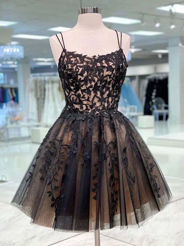 A-line Scoop Neck Tulle Short/Mini Homecoming Dresses With Appliques Lace #Milly020111090