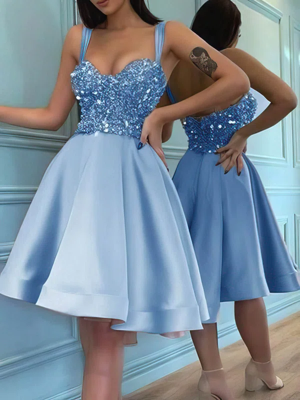 A-line V-neck Satin Knee-length Homecoming Dresses With Sequins #Milly020111101