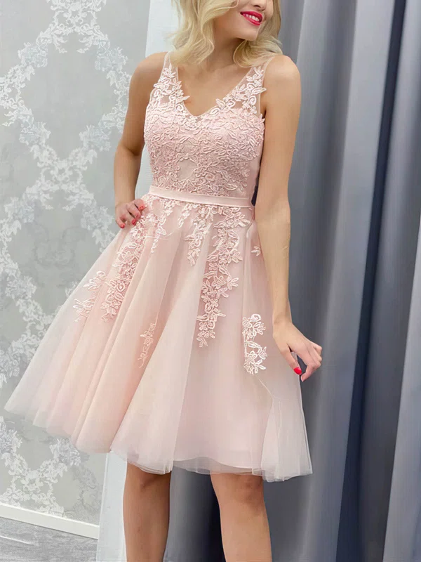 A-line V-neck Tulle Knee-length Homecoming Dresses With Lace #Milly020111110